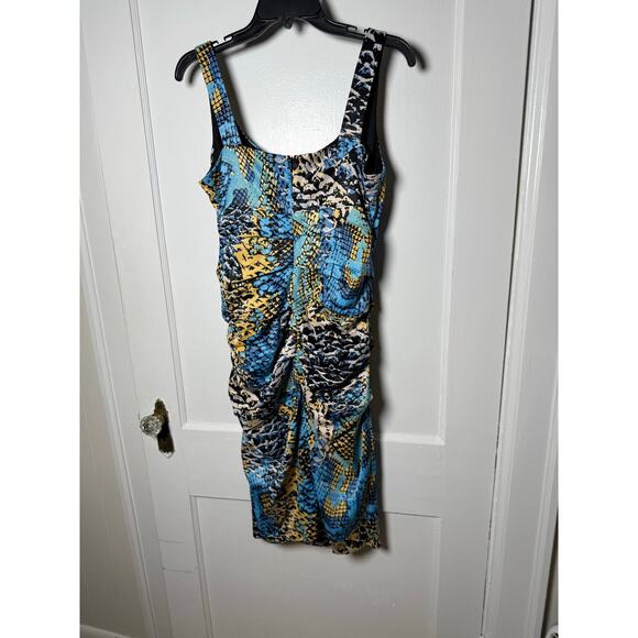 VTG Signature by Sangria Y2K Ruched Snake Satin Teal Blue Sleeveless Dress 10 - Picture 8 of 9